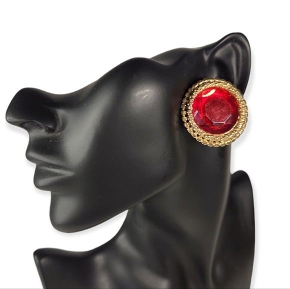 M Lent Red Jewel Clip On Earrings - Picture 2 of 5